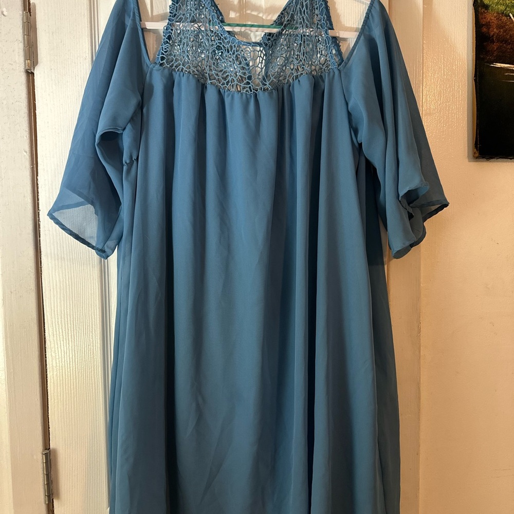 Robert Louis Blue Long Sleeve Dress with Lace Detail